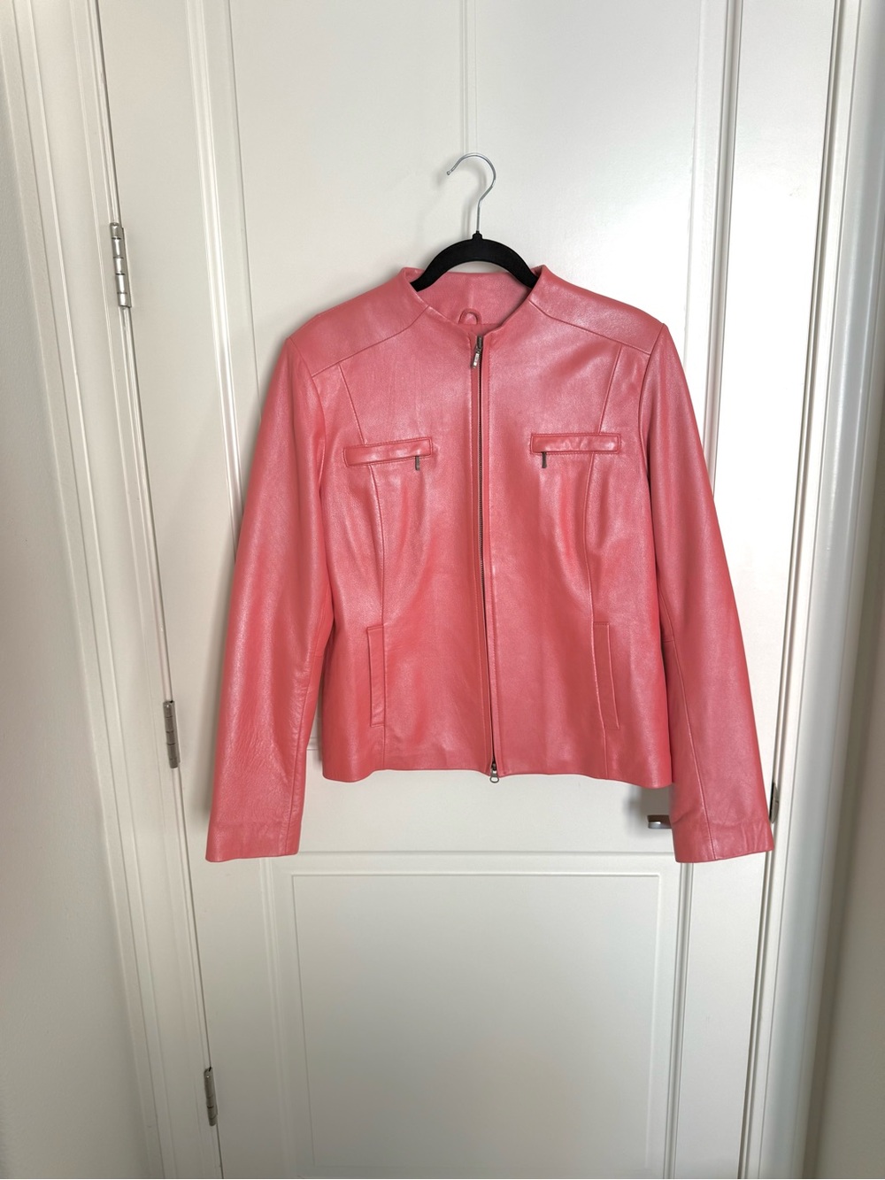 Vintage 90s Shimmer Pink Leather Motorcycle Jacket Zipper size Large Y2K